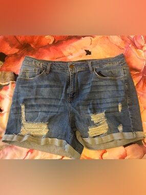Fashion Nova Distressed Blue Denim Rolled-Hem Shorts